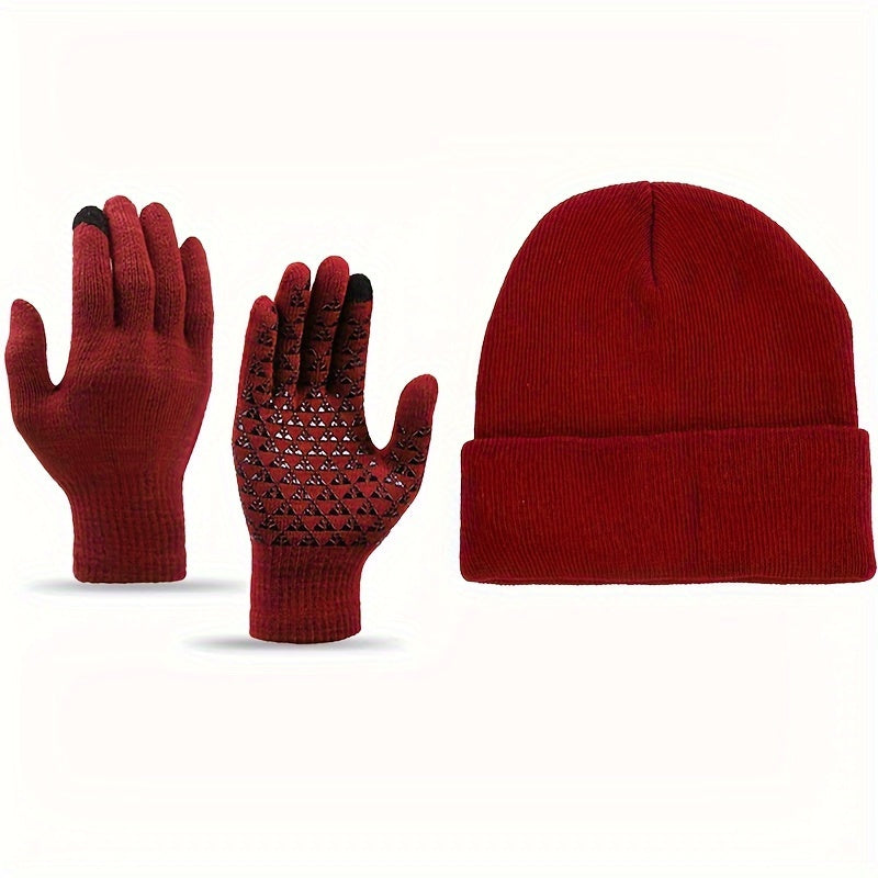 Winter Warm Hat & Gloves Set Knitted Beanie Anti Slip Gloves