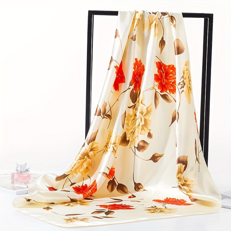 Rose Print Bandana Satin Shawl Silk Square Scarf Women Head Wrap Turban