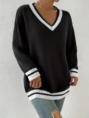 Block Knit Sweater V Neck Long Sleeve Preppy Sweater Women's Clothing