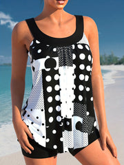 Polka Dot Tankini Set Round Neck Top & Shorts Swimsuit 2 Piece Set