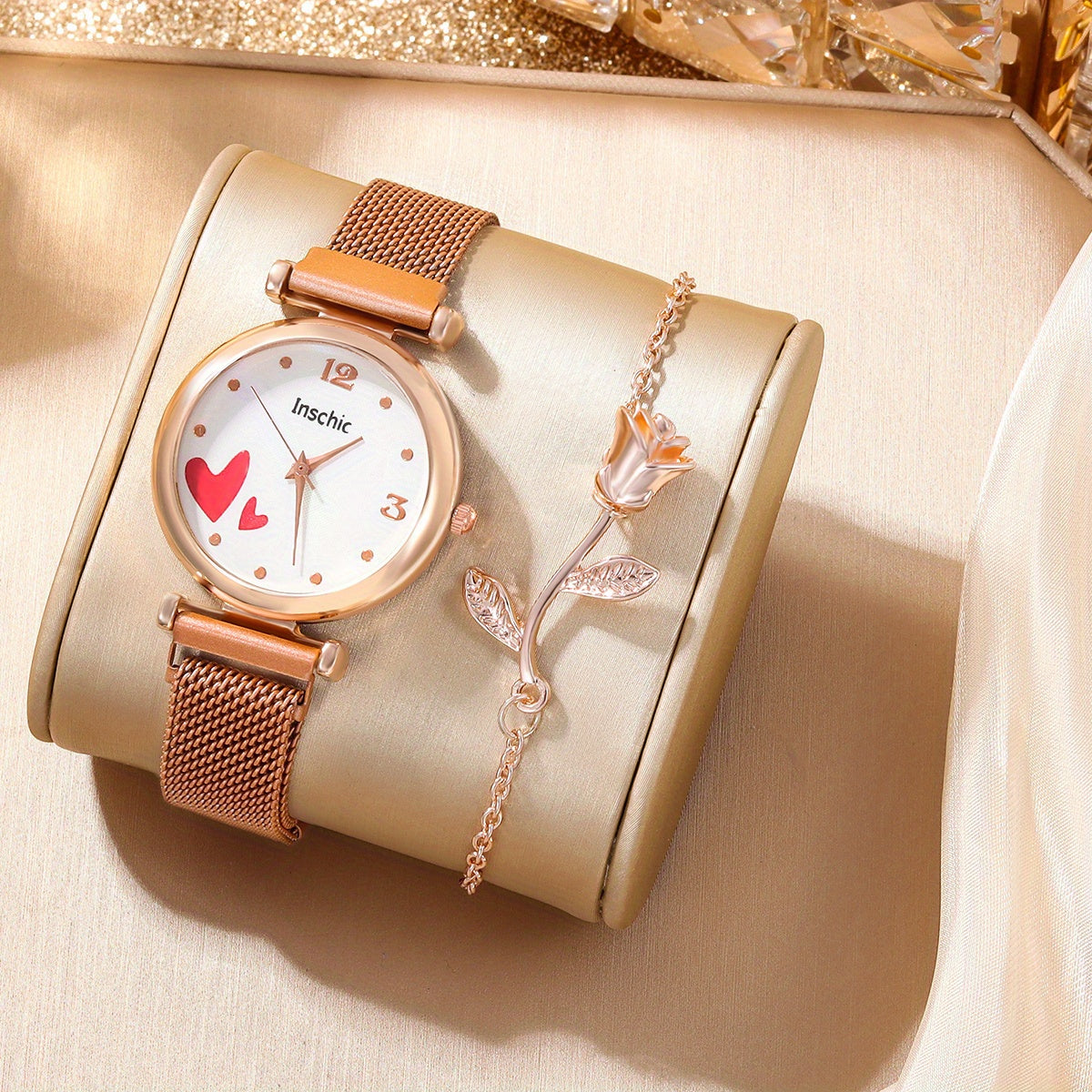 Student Digital Rhinestone Leather Watch & 5pcs Love Rhinestone Jewelry Set