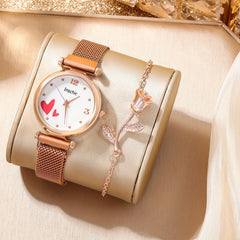 Student Digital Rhinestone Leather Watch & 5pcs Love Rhinestone Jewelry Set