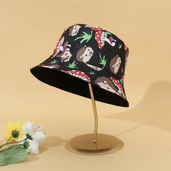 Vintage Cartoon Bucket Hat Hedgehog Mushroom Print Reversible Sun Hat