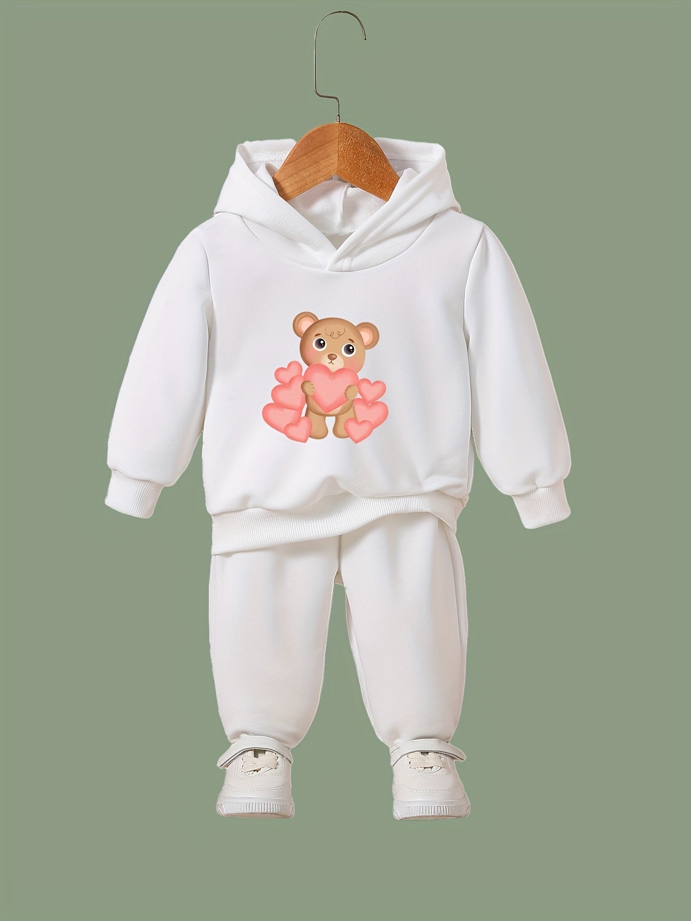 Heart Bear Print Hooded Pullover Pants Set for Kids