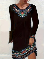 Border Floral Print Long Sleeve Round Neck Dress