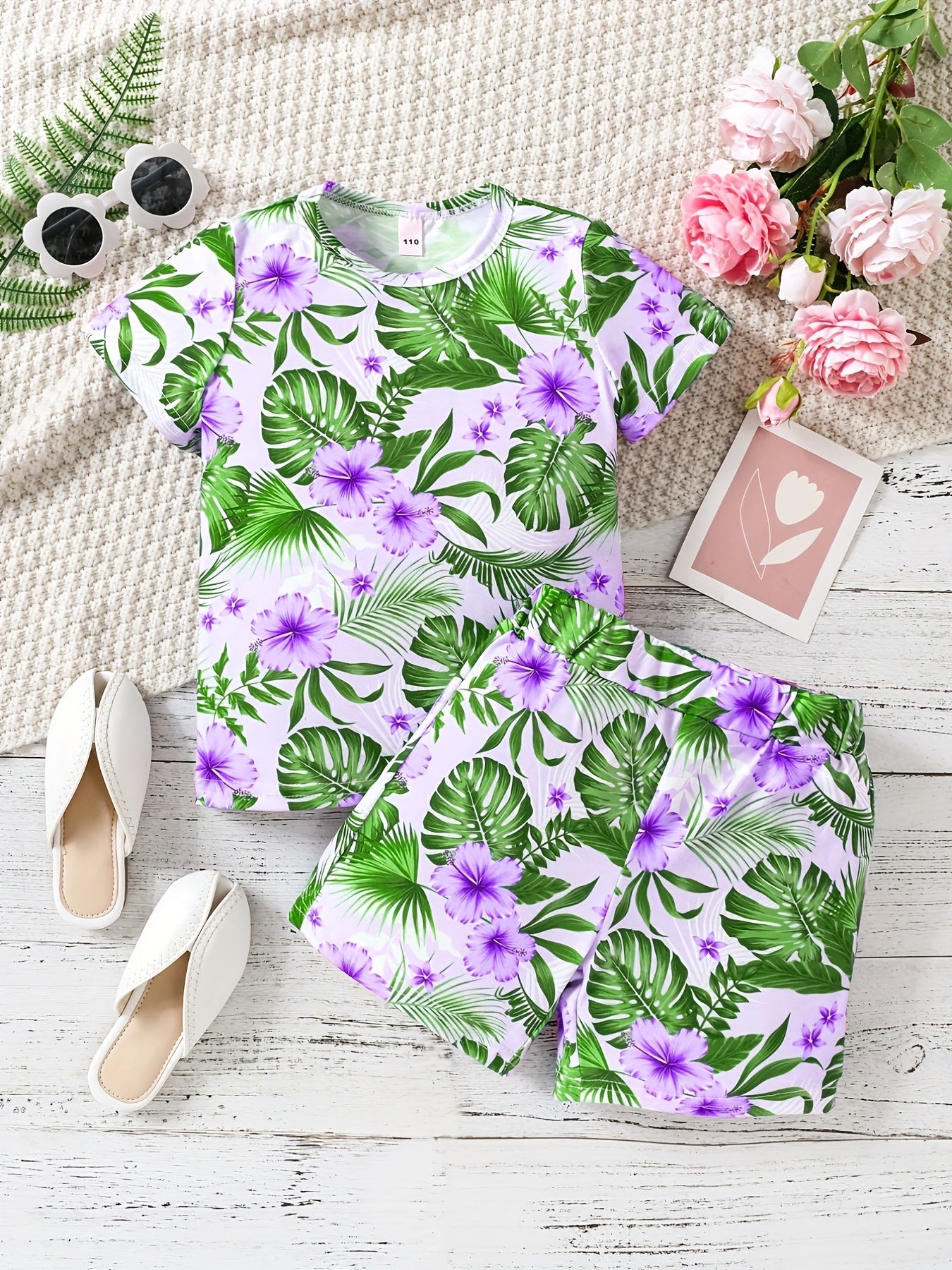 Girls Tropical Flowers Tee & Shorts Set, Summer Beach Outfit