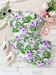 Girls Tropical Flowers Tee & Shorts Set, Summer Beach Outfit