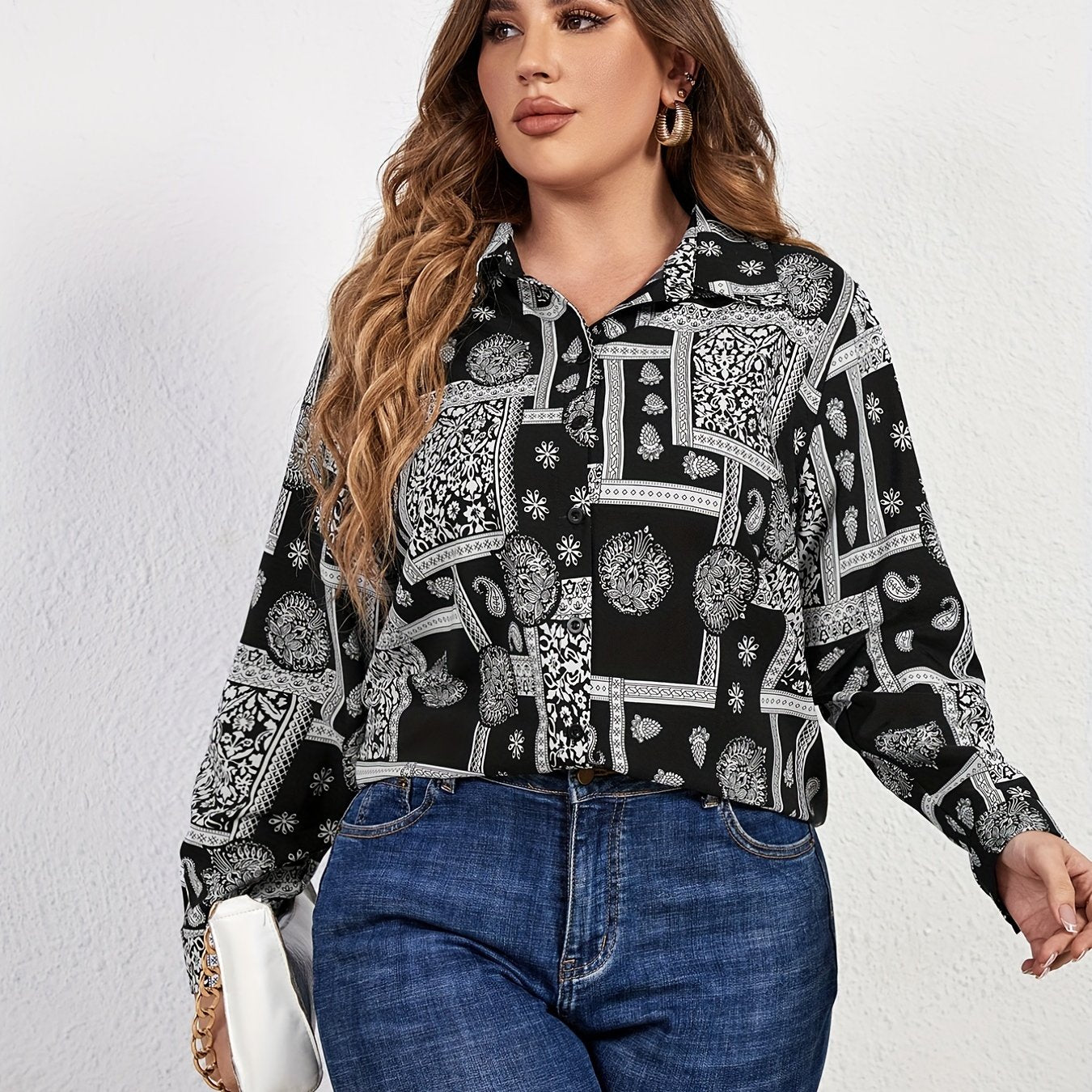 Boho Blouse Women's Plus Paisley & Scarf Print Long Sleeve