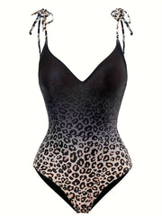 Leopard Print V Neck One Piece Swimsuit Set with Coverup Skirt