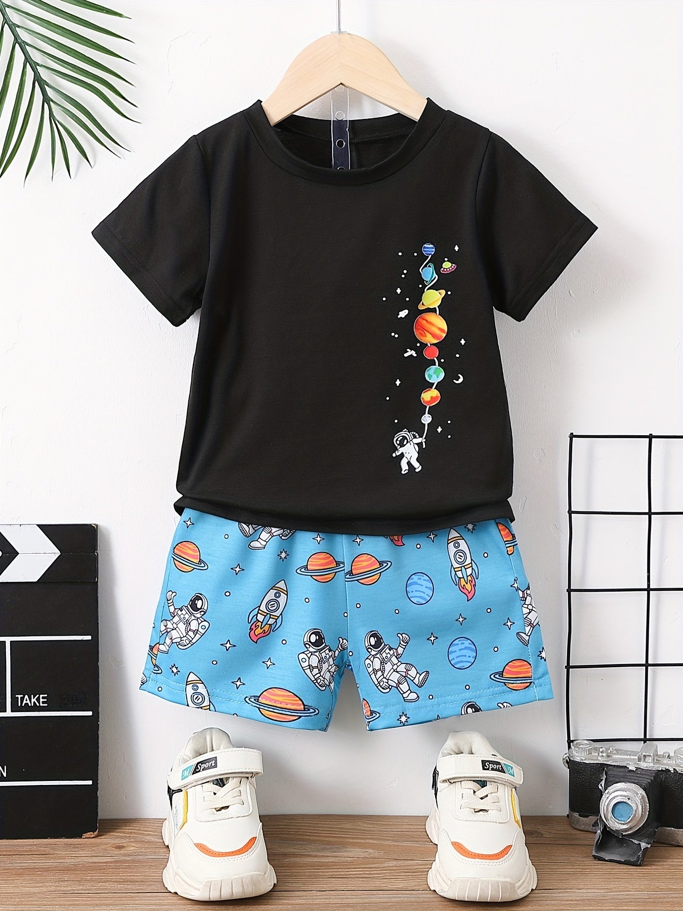 Boys Astronaut Rocket Print T-shirt & Shorts Set Kids Summer Outfit