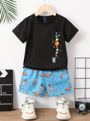Boys Astronaut Rocket Print T-shirt & Shorts Set Kids Summer Outfit