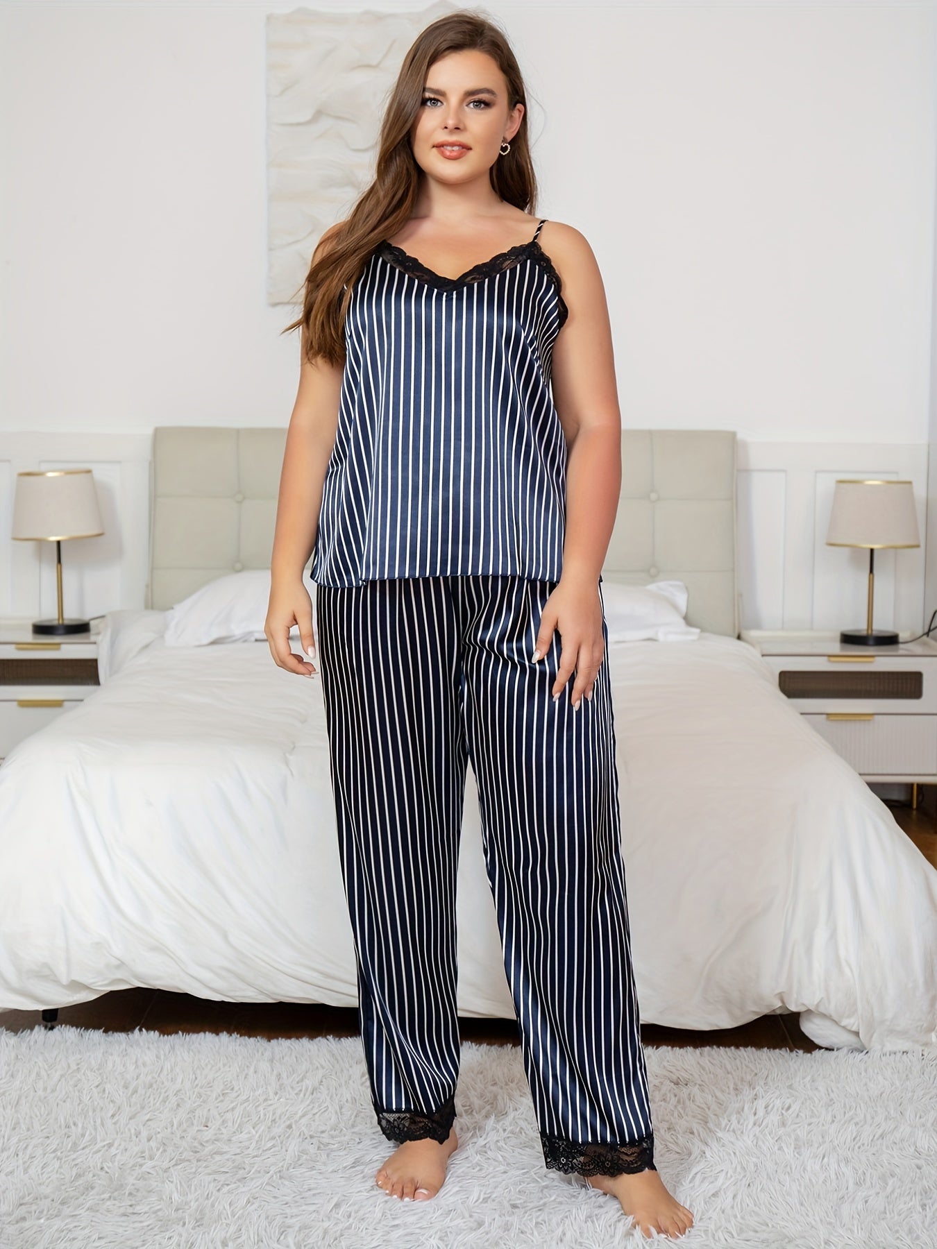 Satin Lace Cami Top Pant Pajama Set Women