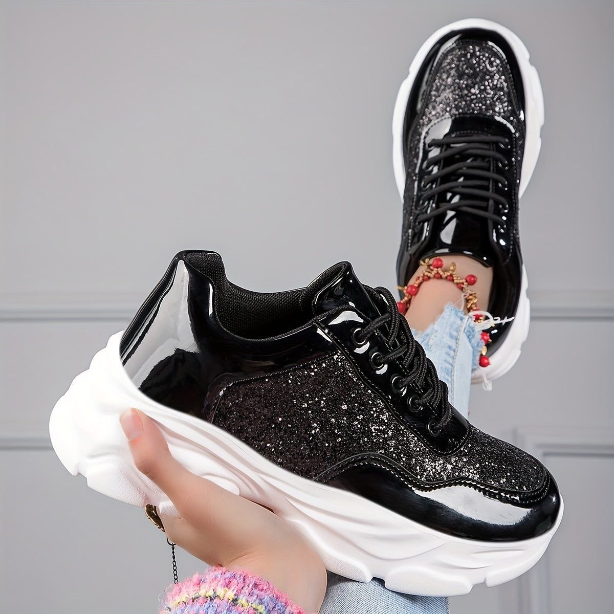 Women's Glitter Chunky Sneakers Lace Up Outdoor Running Shoes