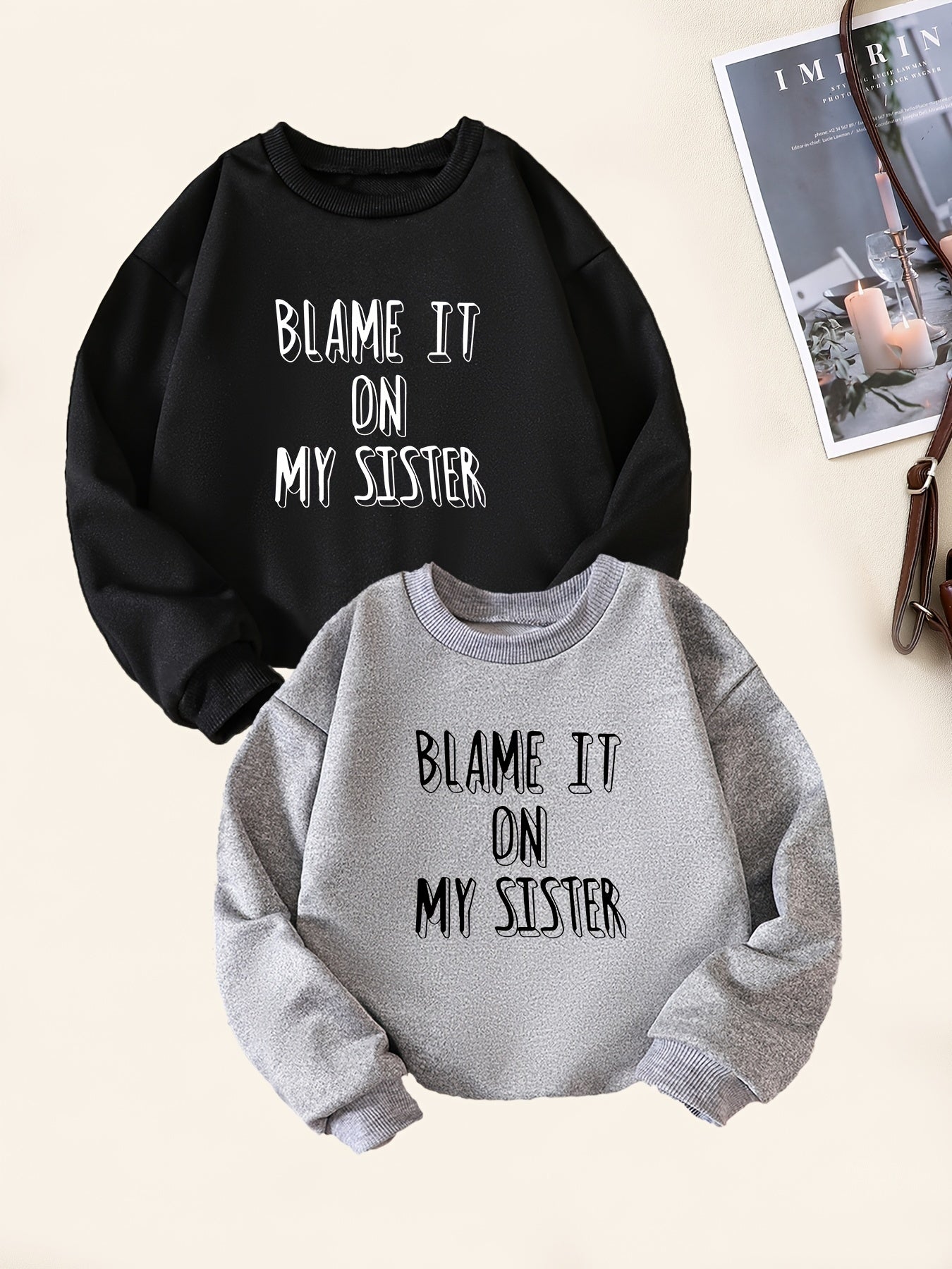 2pcs Sister Letter Print Boys Sweatshirt Crew Neck Tops Kids Clothing