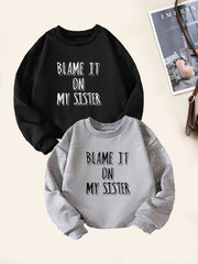 2pcs Sister Letter Print Boys Sweatshirt Crew Neck Tops Kids Clothing
