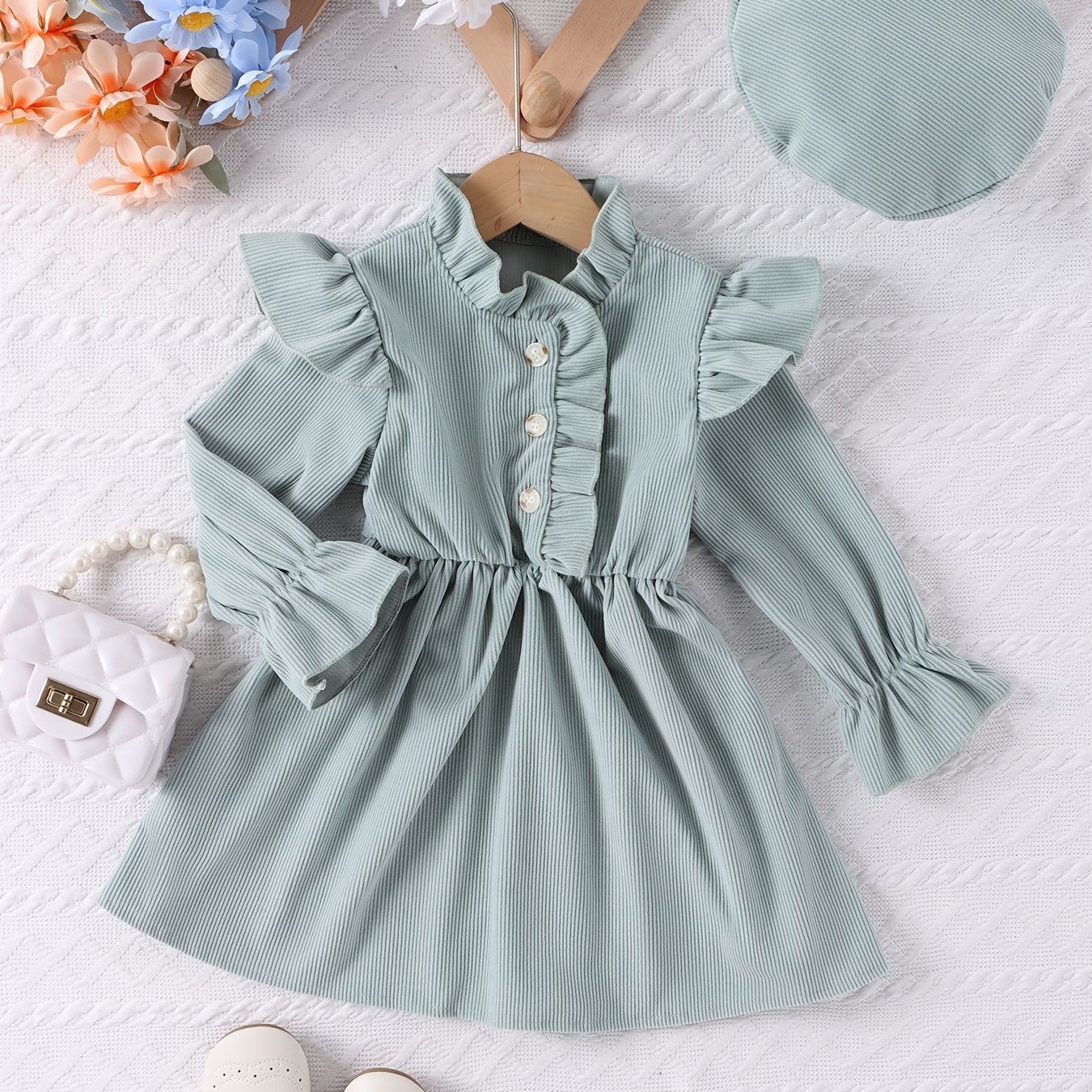 Girl's Ruffle Corduroy Tunic Dress For Party Going Out