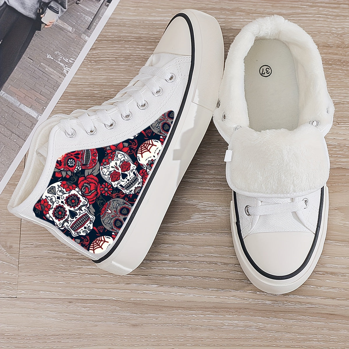 Skull Print Plush Lined Thermal Chunky Canvas Sneakers