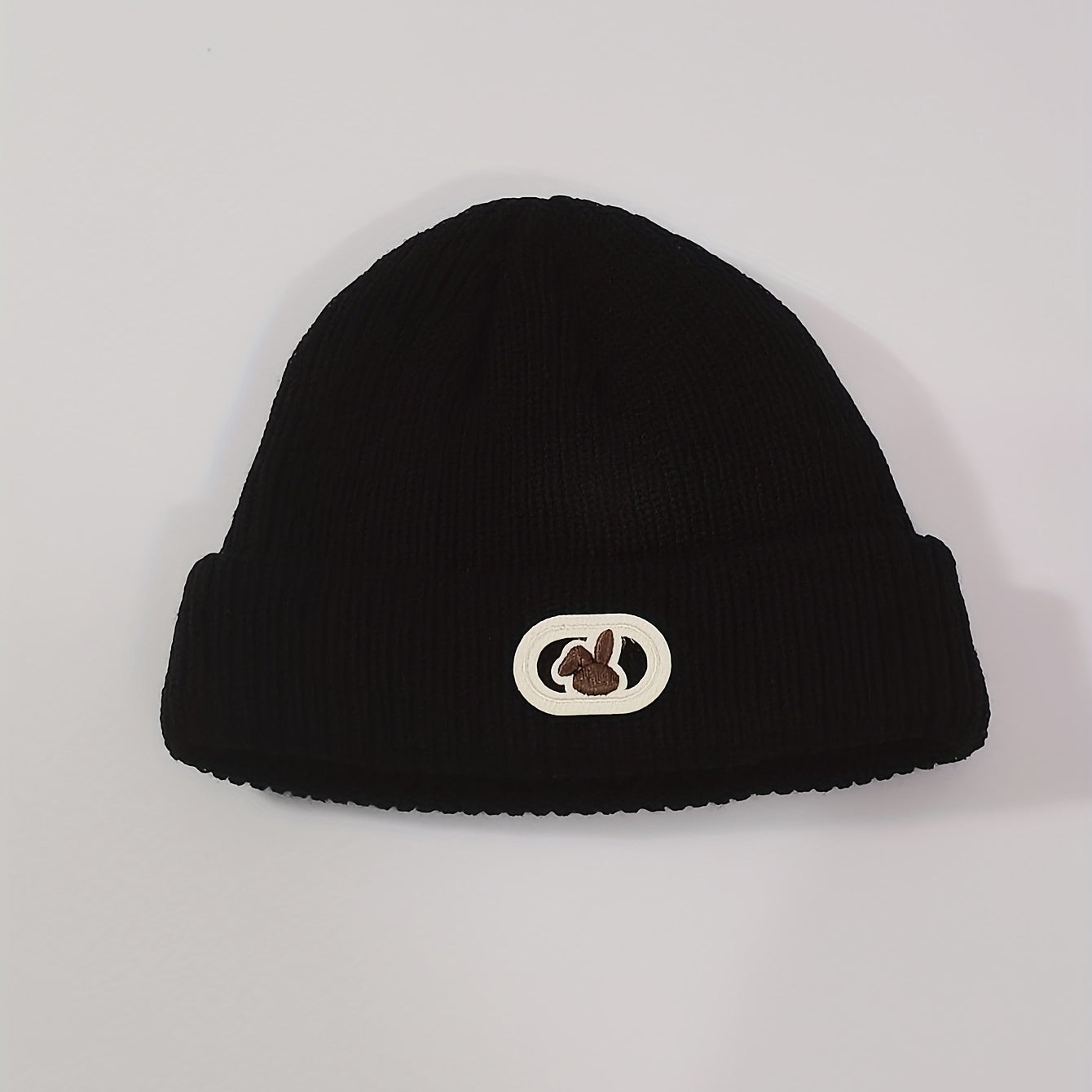 Rabbit Label Embroidery Beanie Solid Knit Hat Elastic Casual Skull Cap