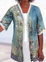 Floral Print Lace Trim Cardigan