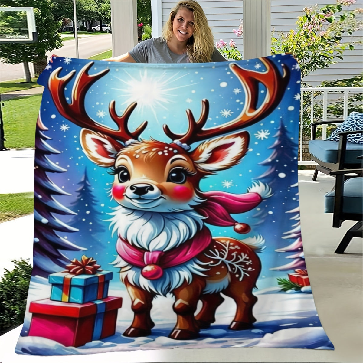 Christmas Deer Print Blanket for Home & Outdoor Use