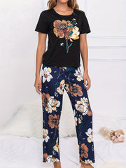 Big Flower Print Lounge Set Colorblock Top & Pants Women's Loungewear