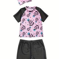 Girls Cartoon Flower T shirt & Shorts & Cap Swimsuit Set