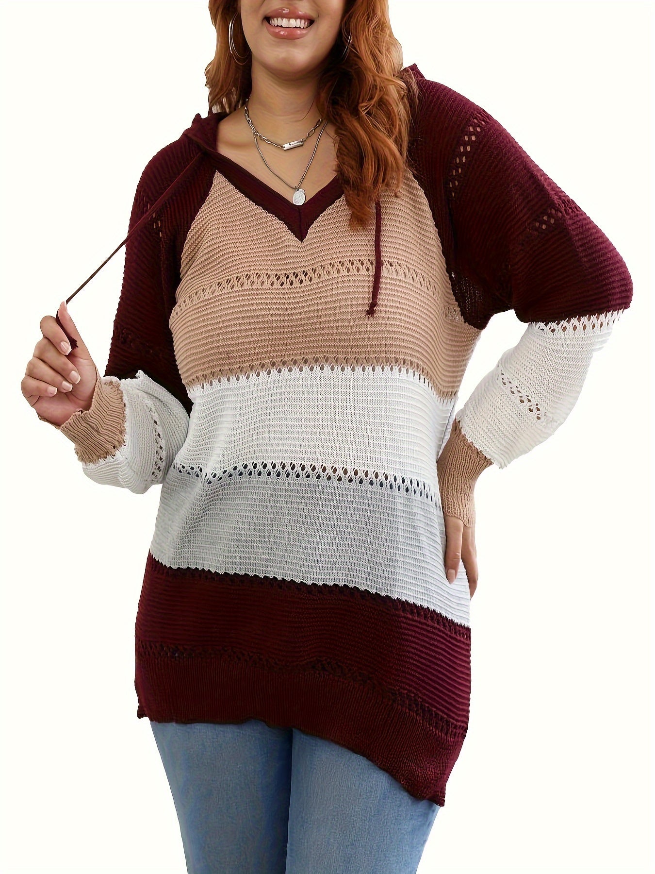 Colorblock Embroidered Hoodie Sweater Women's Plus