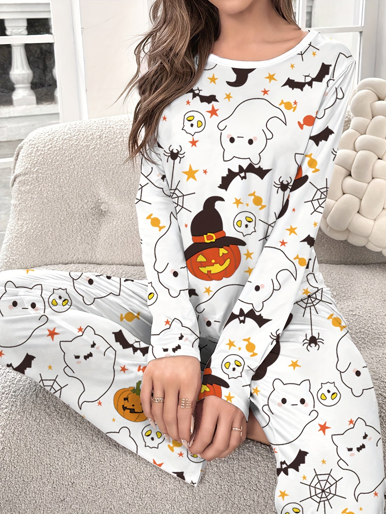 Halloween Pumpkin Print Pajama Set Long Sleeve Crew Neck Top & Pants Sleepwear