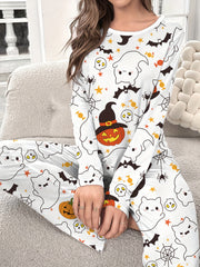 Halloween Pumpkin Print Pajama Set Long Sleeve Crew Neck Top & Pants Sleepwear