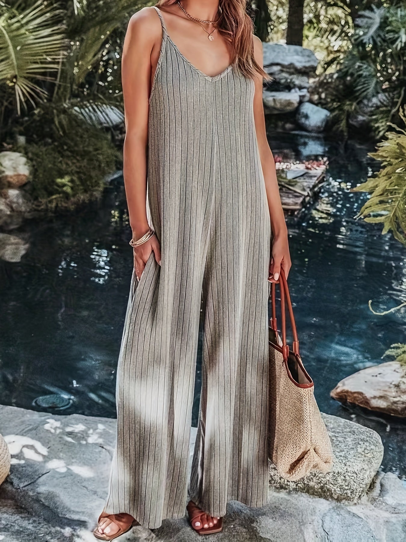 Solid V Neck Sleeveless Jumpsuit Wide Leg
