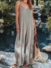 Solid V Neck Sleeveless Jumpsuit Wide Leg