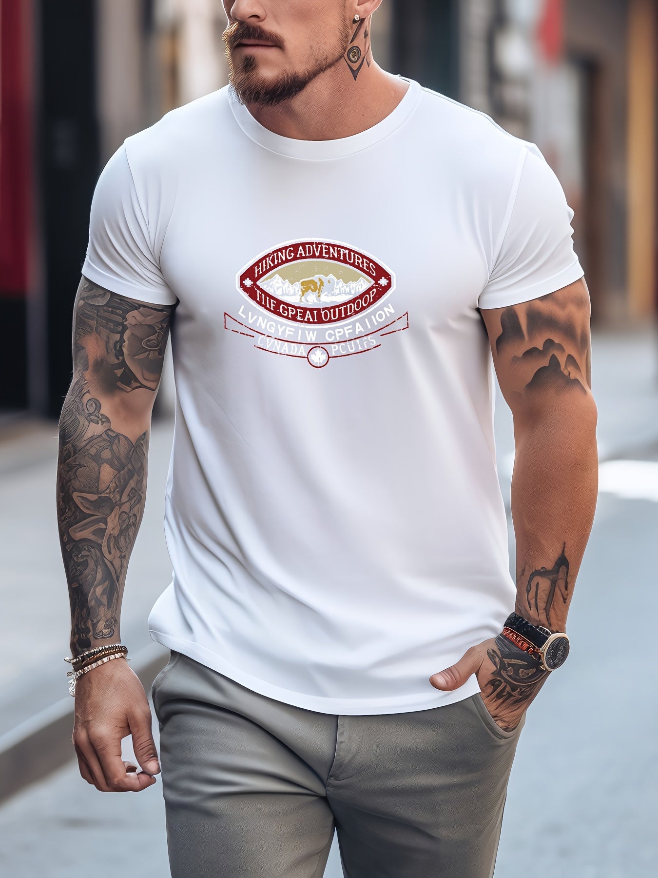 Men's Printed Sports Tee Shirt Stretch Round Neck
