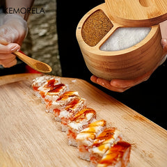 Rotating Bamboo Seasoning Box with Spoon for Spices Sugar Salt Kitchen Gadget