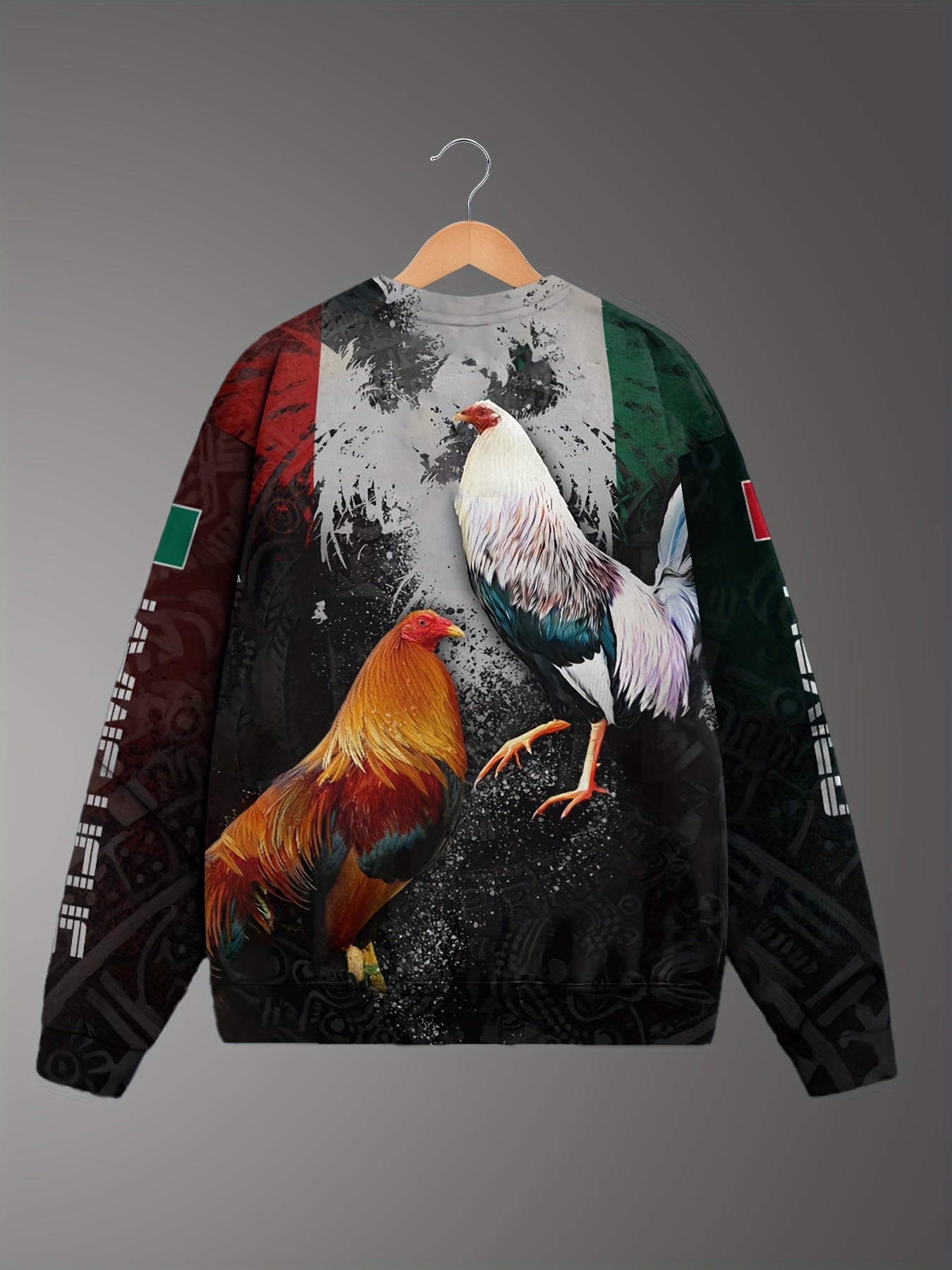 Men's Rooster Pattern Crew Neck Sweatshirt