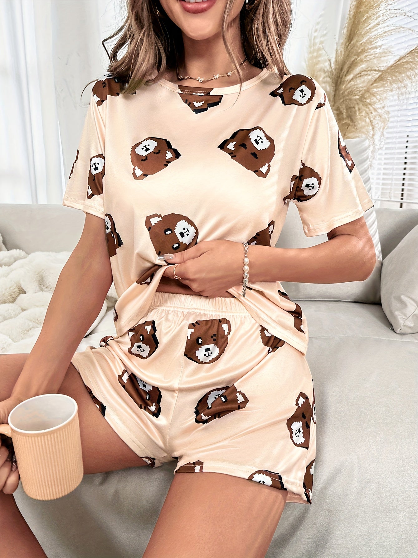 Bear Print Pajamas Set Short Sleeve Top & Shorts Women's Sleepwear