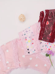 3pcs Heart Print Panties Lace Trim Sexy Low Waist Women's Lingerie