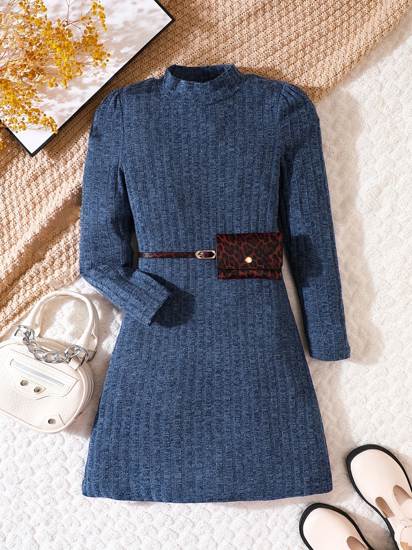 Girls' Stand Collar Knitted Dress Holiday Party Outfit