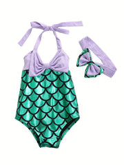 2pcs Toddler Girls Fish Scale Halter Swimsuit Set & Headband