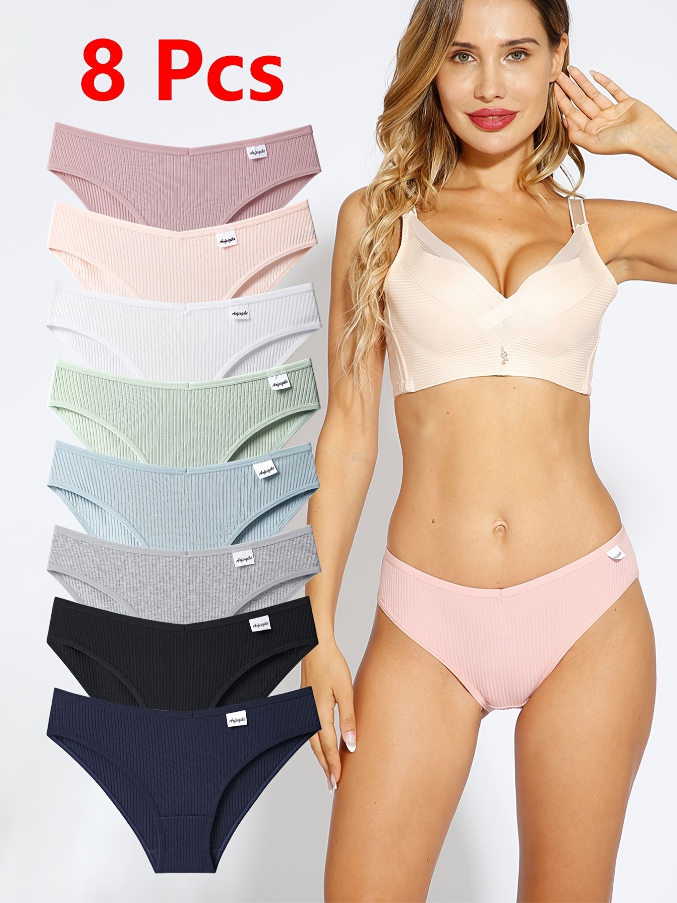 8pcs Ribbed Bikini Panties Comfortable Cotton Women's Lingerie