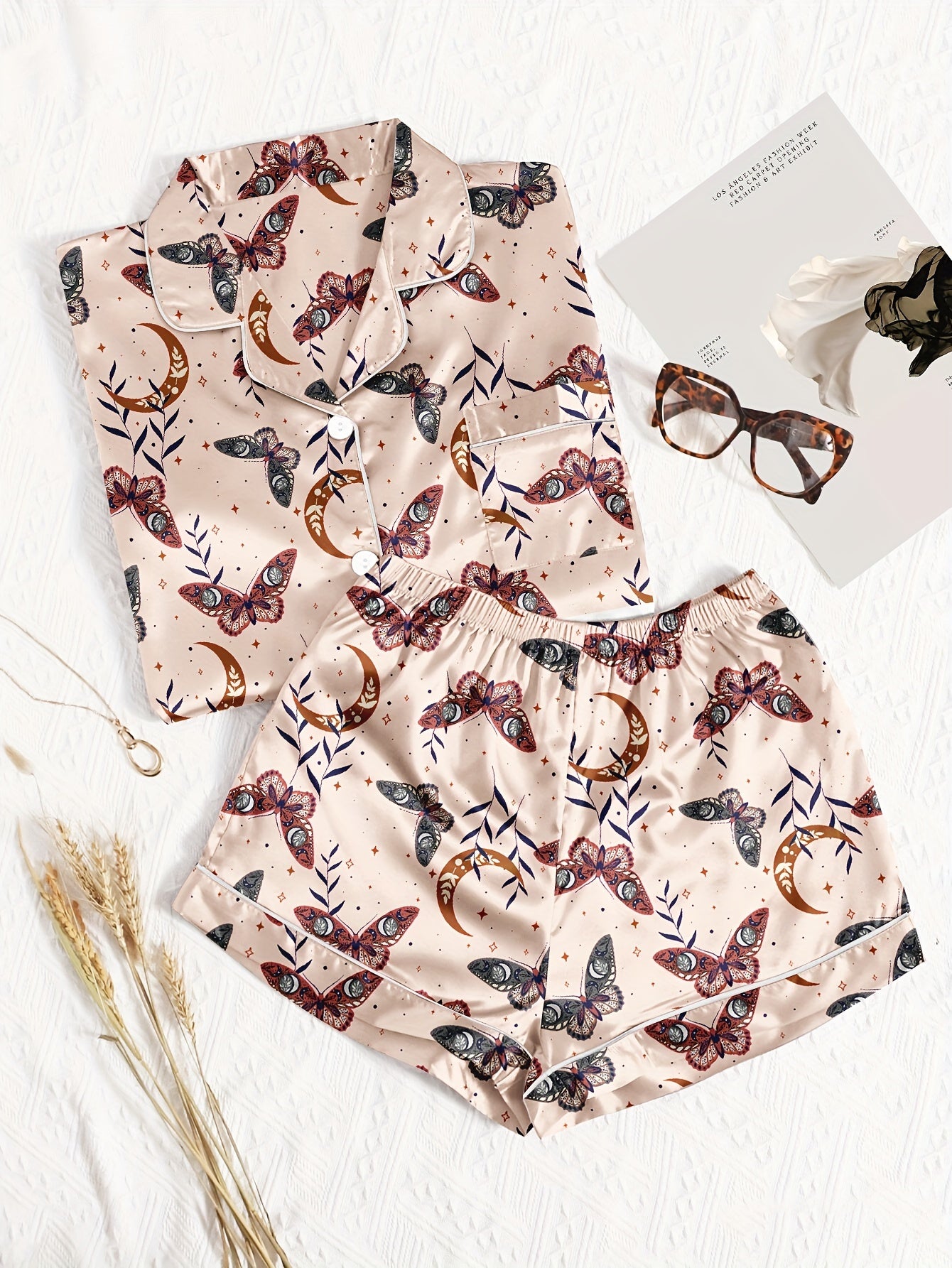 Butterfly Print Pajama Set Short Sleeve Button Up Shirt & Shorts