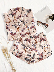 Butterfly Print Pajama Set Short Sleeve Button Up Shirt & Shorts