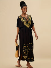 Women's Plus Boho Abaya Dress with Floral Embroidery