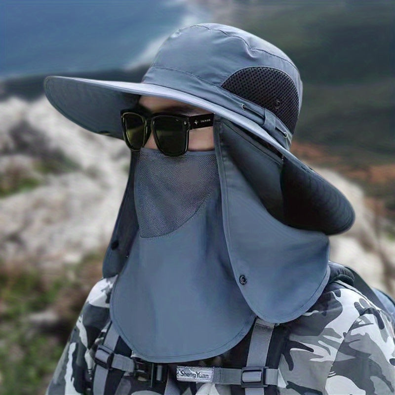 Men Large Brim Sunshade Hat With Face Scarf for Outdoor Activities