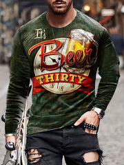 Beer Print Men's Long Sleeve Vintage T-shirt Stylish Tees