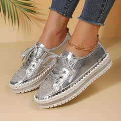 Women's Rhinestone Lace Up Skate Shoes Platform Sneakers