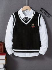 2pcs Boys Uniform Knitted Sleeveless Sweater Vest & Long Sleeve Tie Shirt Set