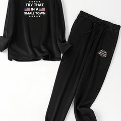 Flag & Letter Print Fleece Top & Joggers 2Pc Set