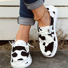 Cow Pattern Low Top Boat Shoes Lace Up Slip On Casual Canvas Shoes