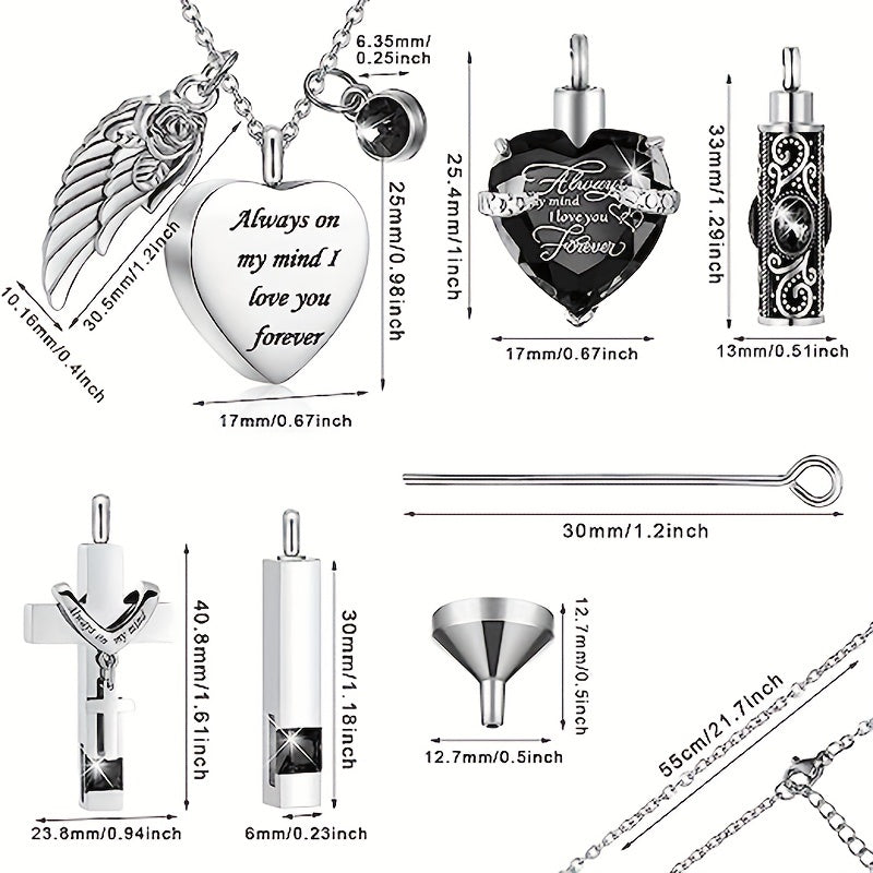 5pcs Heart Cross CZ Urn Necklace Stainless Steel Cremation Jewelry