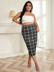 Women's Plus Plaid Print High Rise Slim Fit Midi Skirt